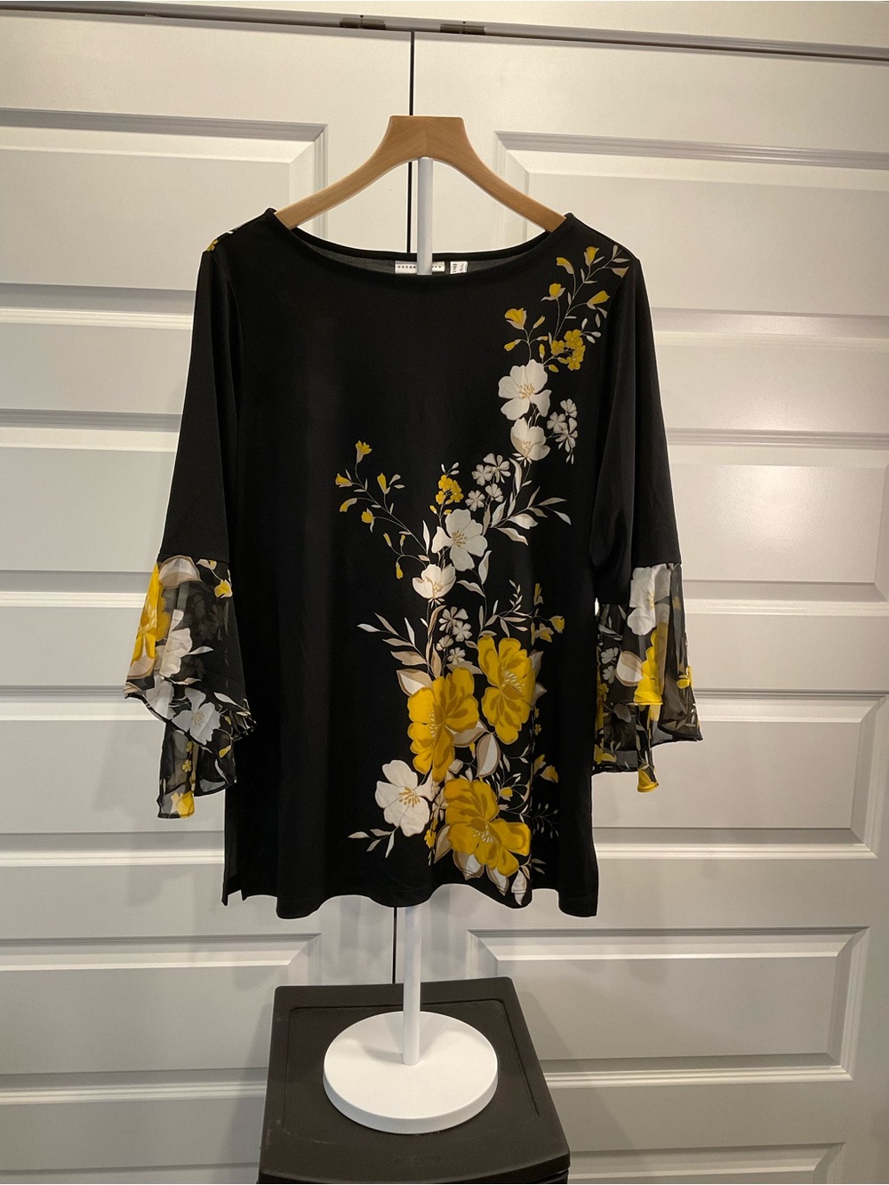 Susan Graver Black Floral Bell-Sleeve Tunic with Yellow & White Blooms